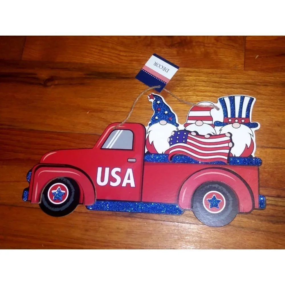 Lot of 2 Patriotic Wall Hangings RED Pickup Trucks w/Gnomes 13